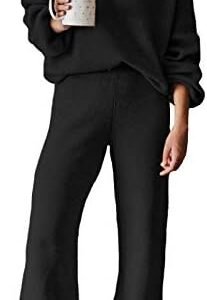 Viottiset Women's 2 Piece Outfits Casual V Neck Knit Wide Leg Sweater Lounge Set Sweatsuit