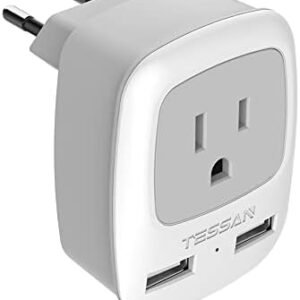 TESSAN European Travel Plug Adapter, Europe Power Plug with 2 USB Ports, Type C Outlet Adaptor Charger for US to Most of Europe EU Iceland Spain Italy France Germany