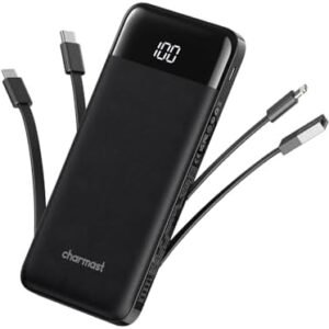 Portable Charger with Built in Cables, Portable Charger with Cords Wires Slim 10000mAh Travel Essentials Battery Pack 6 Outputs 3A High Speed Power Bank for iPhone Samsung Pixel LG Moto iPad