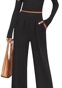 ZESICA Women's 2 Piece Outfits Set 2024 Casual Long Sleeve Ruched Fitted Crop Top Wide Leg Pants Knit Lounge Sets