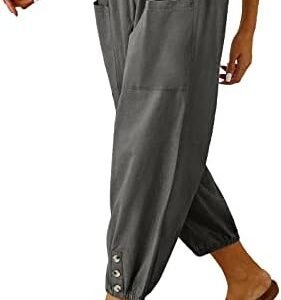 Women's High Waist Pants Drawstring Capri Pants with Pockets Wide Leg Cropped Pants for Women