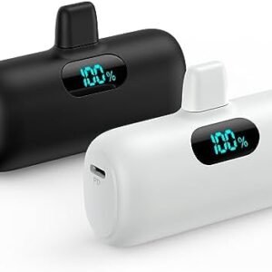 [2 Pack]Mini Portable Charger 5000mAh,Ultra-Compact 15W PD Fast Charging Power Bank,LCD Display Cute Battery Pack Backup Charger Compatible with iPhone 14/14 Pro Max/13/13 Pro/12/XR/8/7/6-Black+White