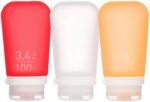 humangear GoToob+ 3-Pack (Large) | Refillable Silicone Travel Bottle | Locking Lid | Food-Safe Material, Clear/Red/Orange, Large (3.4 fl.oz.; 100ml)