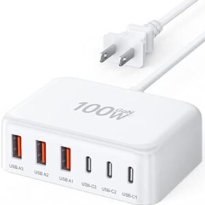 USB C Fast Charger, 100W GaN 6 Port Type USB C Charging Station Hub Block Cube, USB C Wall Charger Power Strip Adapter Plug for iPad iPhone 15 14 13 12 11 Pro Max Pixel Note Galaxy, 5ft Cord