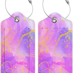 2 Pack Luggage Tags for Suitcases Leather Pink Marbling Baggage Suitcases Tag with Stainless Steel Loop Name ID Label Privacy Cover Colorful Travel Bag Tags for Women Men Boys Girls