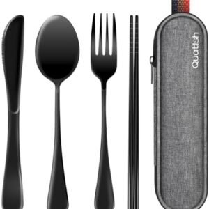 Travel Utensils with Case, Quatish Portable Silverware Set for Work, Stainless Steel Reusable Travel Cutlery Set, Fork and Spoon Set for Camping, Picnic, Gadgets, Lunch Box for Men, Black