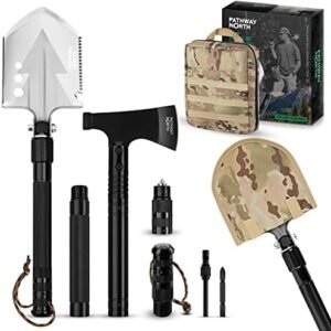 Survival Shovel and Camping Axe – Stainless Steel Tactical, Survival Multi-Tool and Survival Hatchet Equipment for Outdoor Hiking Camping Gear, Hunting, Backpacking Emergency Kit(Black)