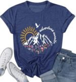 Adventure Awaits Shirts for Women Cute Sunrise Eagle Graphic Hiking T Shirts Outdoor Casual Short Sleeve Wildflower Tops