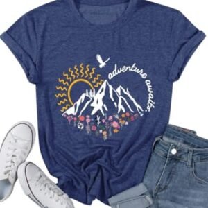 Adventure Awaits Shirts for Women Cute Sunrise Eagle Graphic Hiking T Shirts Outdoor Casual Short Sleeve Wildflower Tops