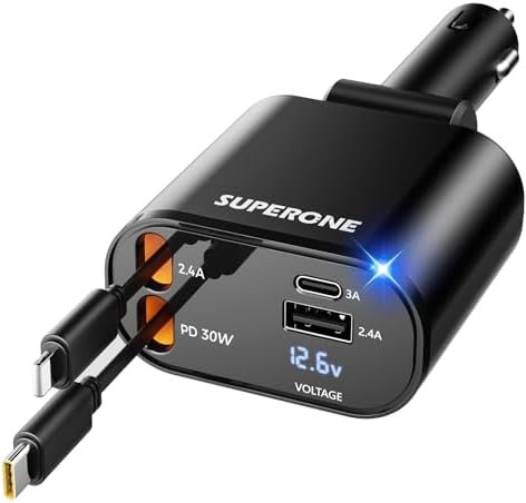 【Upgraded】 SUPERONE Retractable Car Charger 4 in 1, Fast Car Phone Charger with Cord 2.6ft, USB C and Apple Car Charger Adapter, Compatible with iPhone 16 15/15 Pro Max/14/13/12/11, Galaxy, Pixel