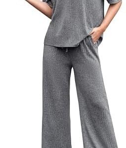 Women's 2 Piece Outfits 2024 Pullover Tops and Wide Leg Pants Lounge Sets Sweatsuits Set with Pockets