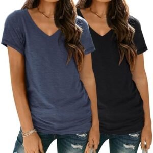 SUNBS Womens 2 Pack T Shirts Short Sleeve Basic Tees V Neck Fashion Tops Loose Fit Lightweight Casual Summer Clothes 2024