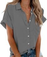 Beautife Womens Short Sleeve Shirts V Neck Collared Button Down Shirt Tops with Pockets