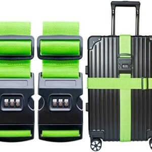 2 PCS Luggage Strap 78" x 2" Suitcase Belts Wide Adjustable Packing Straps Travel Accessories, Green&Combination Lock