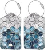 2 Pcs Luggage Tags, Fintie Privacy Cover ID Label with Stainless Steel Loop and Address Card for Travel Bag Suitcase, Agate Hexagons