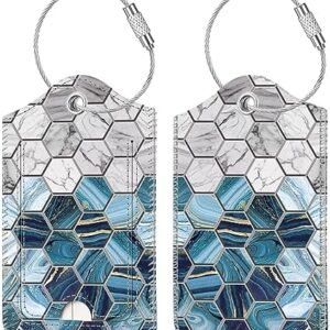 2 Pcs Luggage Tags, Fintie Privacy Cover ID Label with Stainless Steel Loop and Address Card for Travel Bag Suitcase, Agate Hexagons