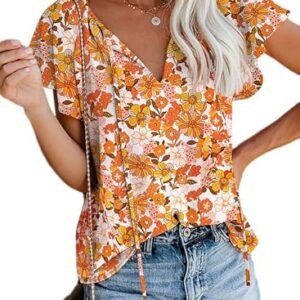 SimpleFun Women's Boho Tops Floral V Neck Short Sleeve Summer Blouse Shirts