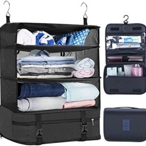 Portable Hanging Travel Shelves with Toiletry Bag Set, OUMEDUO Premium Durable Oxford Packing Cubes for Suitcases Hanging Carry on Closet Luggage Organizers for Travel