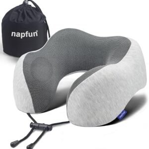 napfun Neck Pillow for Traveling, Upgraded Travel Neck Pillow for Airplane 100% Pure Memory Foam Travel Pillow for Flight Headrest Sleep, Portable Plane Accessories, Light Grey