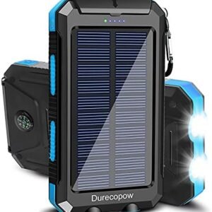 Solar Charger, 20000mAh Portable Outdoor Waterproof Solar Power Bank, Camping External Backup Battery Pack Dual 5V USB Ports Output, 2 Led Light Flashlight with Compass (Blue)