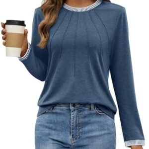 ZESICA Long Sleeve Shirts for Women Striped Color Block Crewneck Tshirts 2024 Fall Pleated Trendy Tops